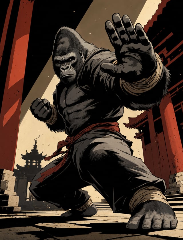 Graphic novel illustration featuring a powerful silverback gorilla in a dynamic Kung Fu stance. The 