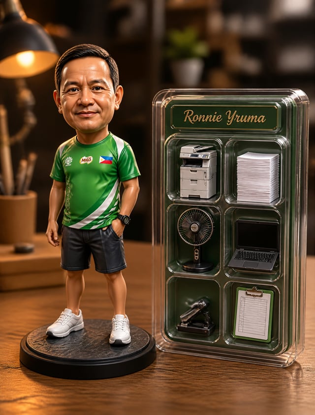 Premium 3D collectible figurine of [Person Character], stylized semi-realistic designer toy aestheti