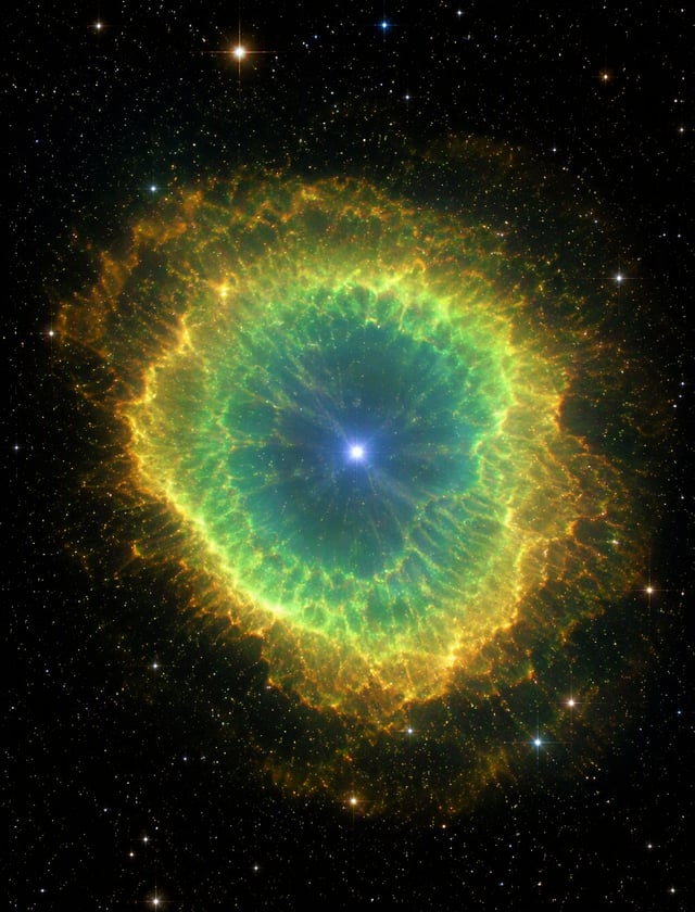 Photorealistic deep-space image. A vivid emerald-and-gold planetary nebula, a dying star's glowing s