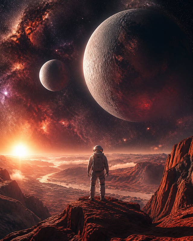 Create an epic cinematic photograph of a lone astronaut standing on a red alien cliff, gazing up at 