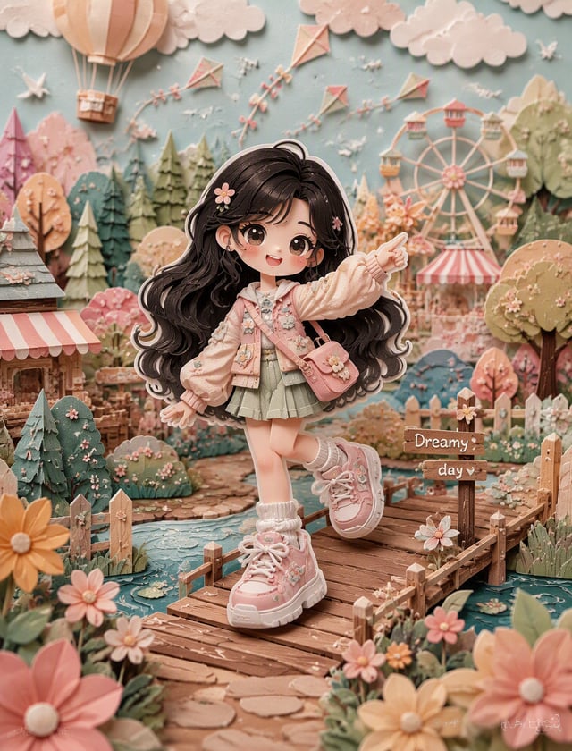 Cute layered paper-cut art style illustration of a chibi girl with big expressive eyes and long wavy