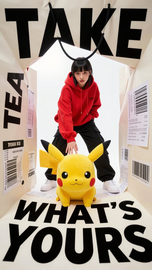 A premium 9:16 streetwear editorial advertising poster.Main Subject:PIKACHU POKEMON  looking down in