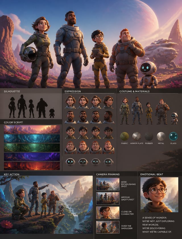 Create a polished animated visual concept for команды космических исследователей. Define silhouette,