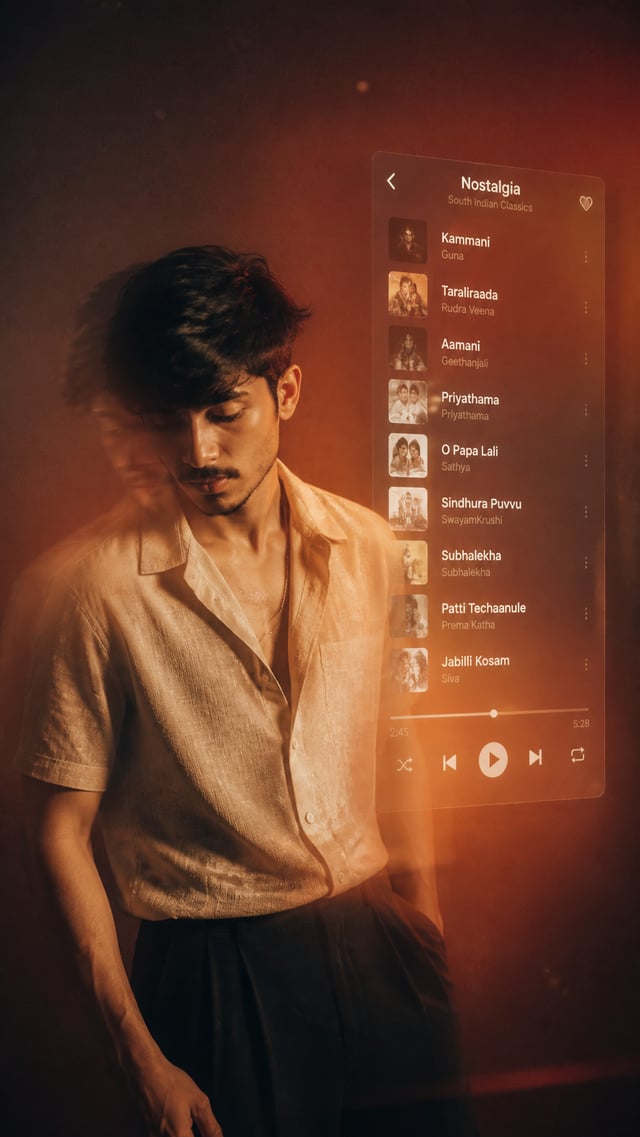 A cinematic, music-inspired editorial portrait of a handsome young Indian man standing against a war
