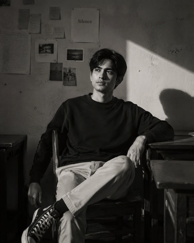 Create a high-contrast black and white portrait in a quiet classroom.Use uploaded image as reference