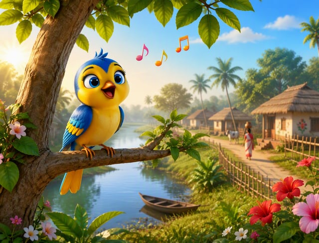 Create a 7–8 second vertical 9:16 colorful 3D cartoon animation.Show a beautiful peaceful Bengali vi