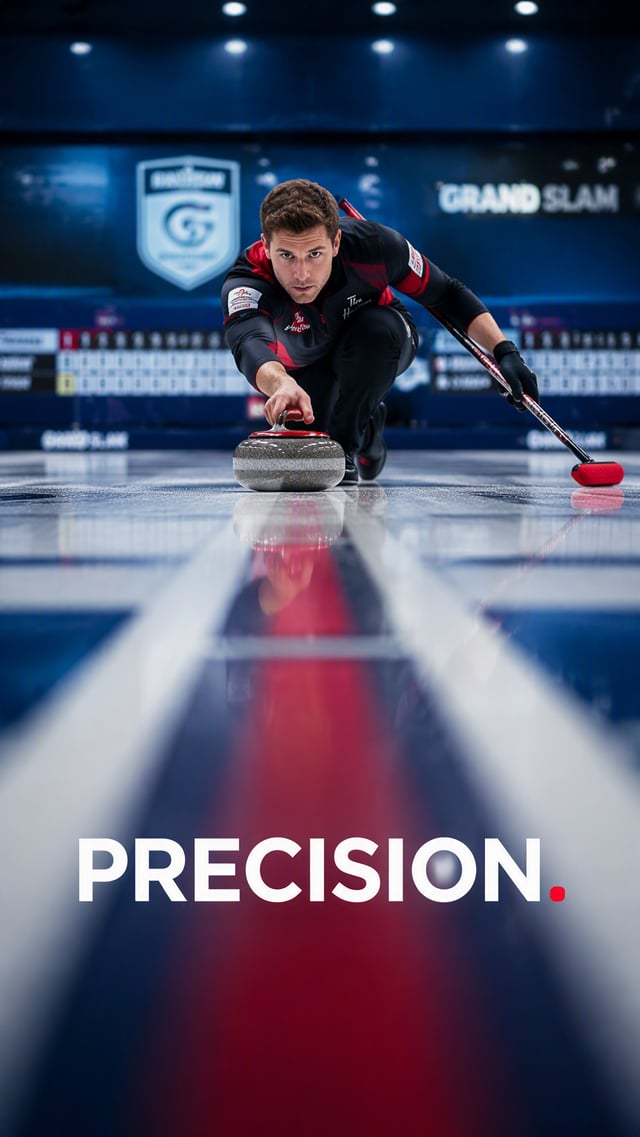 Create a premium 9:16 sports editorial.Main Subject: Young male curling athlete delivering a stone a