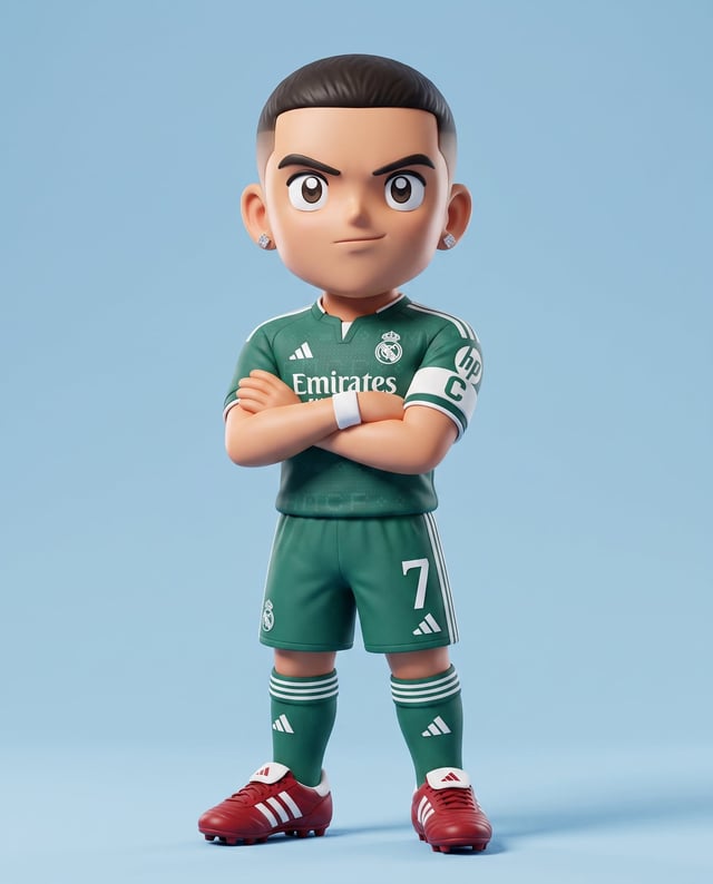 3D rendered caricature figurine of oliver atom supercampeones, big head chibi style, wearing green r