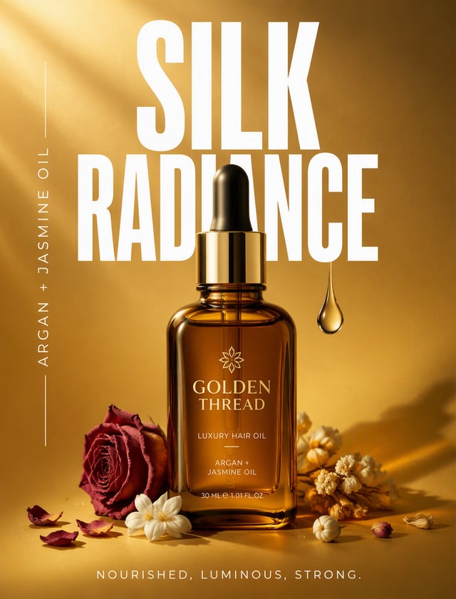 Create a premium vertical product advertising poster for a fictional luxury hair oil brand "GOLDEN T