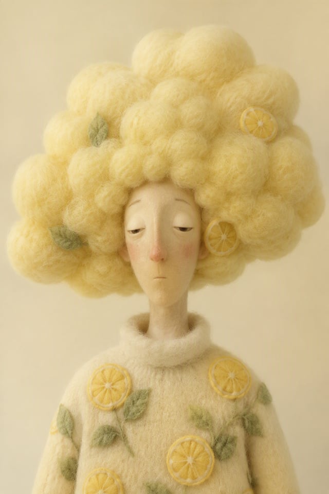 Whimsical 3D character portrait,unusual sleepy human with giant fluffy pale-yellow cloud hair,elonga
