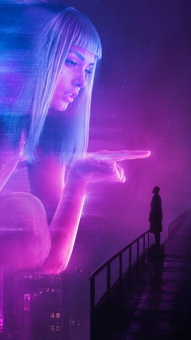 The Holographic FigureAppearance: Dominating the left and center of the frame is a giant, translucen