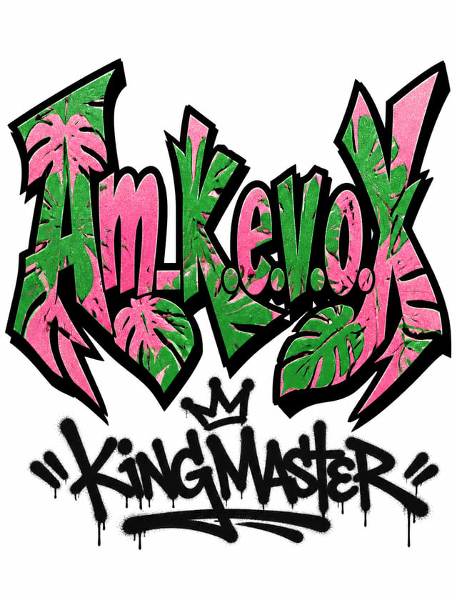 The word Am_k.e.v.o.X as aggressive hard-edge graffiti with a monstera leaf motif, beautifully styli