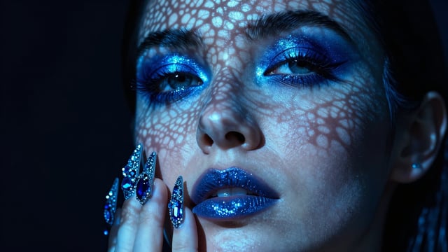 Create a high-fashion cinematic portrait for a luxury beauty campaign.Subject & Action: An extreme c