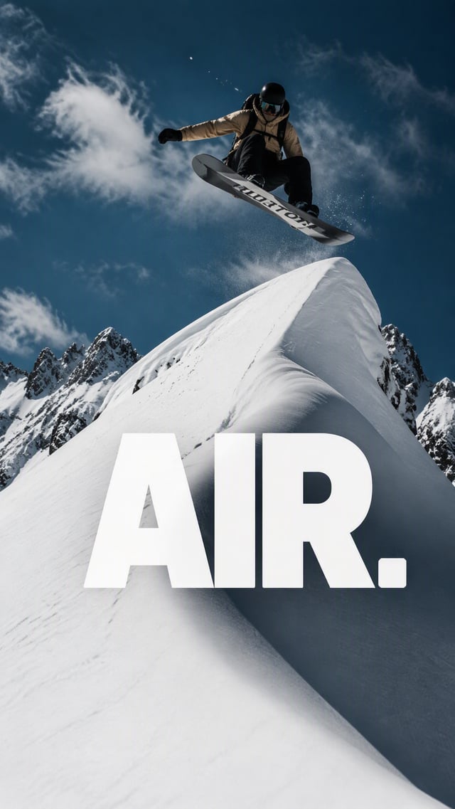 Create a premium 9:16 winter sports editorial.Main Subject: Young male snowboarder captured airborne