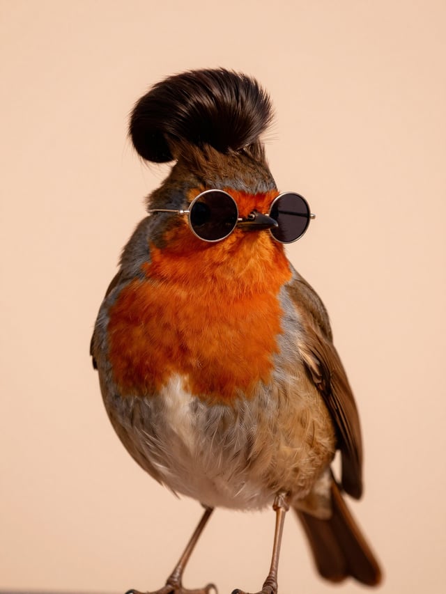 "A photograph capturing a charming robin perched delicately against a softly glowing, pale peach bac