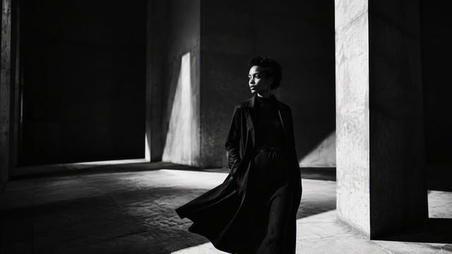 16:9 black-and-white cinematic editorial photograph, designed as a premium creative portfolio cover 