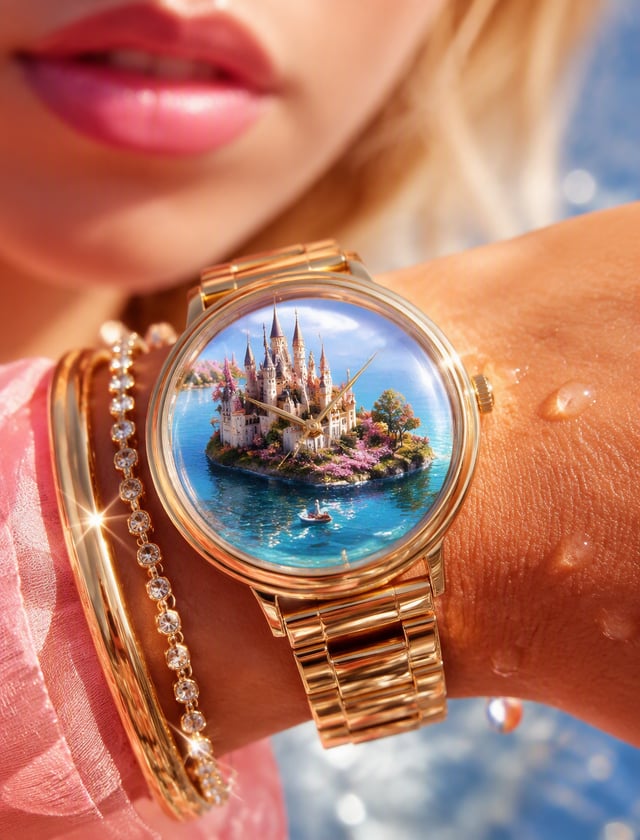A watch on a woman’s wrist, inside the there is hyperrealistic miniature lake. The lake filled with 