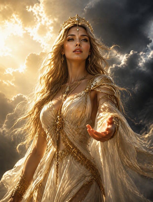 Create an image of A tall, ethereal woman with long flowing blonde hair stands against a cloudy, dra