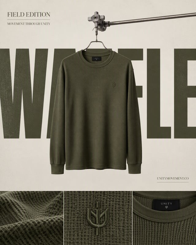 A structured apparel ad. The product (the olive green waffle longsleeve) is presented clean and cent
