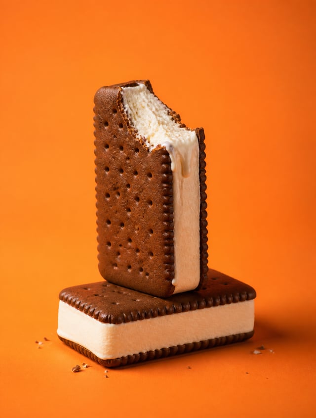 "A studio food still-life of two chocolate ice-cream sandwiches stacked: a whole sandwich lying flat