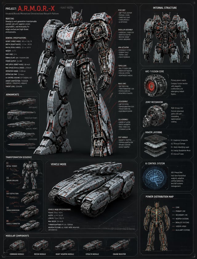 Engineering project to develop a futuristic armored робот трансформер in light gray with red accents