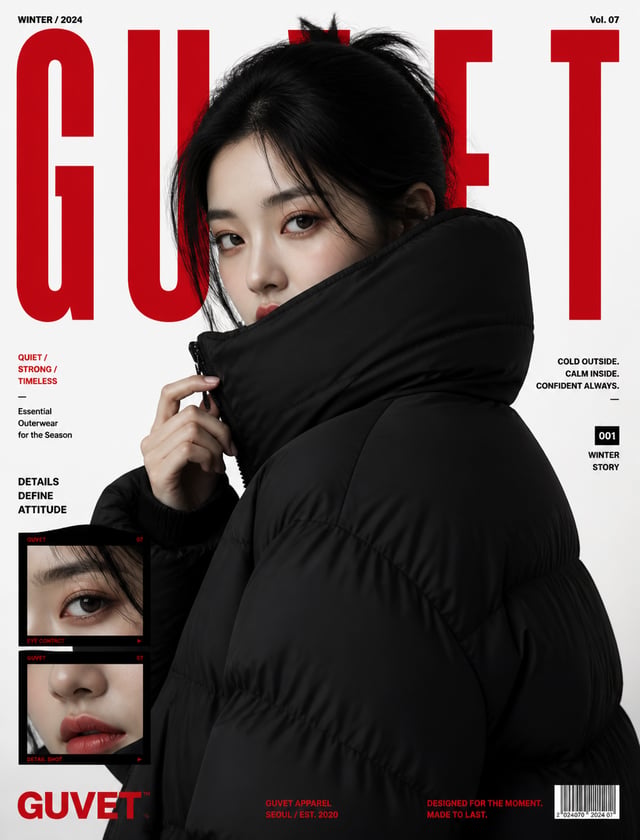 A bold fashion editorial poster featuring a young woman model in a close-up half-body portrait, wrap