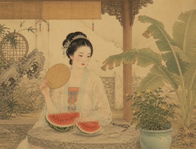 中国工笔人物插画，细线勾勒，平涂设色，绢本米黄底色，午后庭院里暑气蒸腾，石桌上搁着切开的红瓤西瓜和一把旧蒲扇，檐下青瓷盆中一丛秋菊悄然打起花苞，芭蕉叶在烈日下微微卷边，暑热与秋意同框交叠，正面中景构图