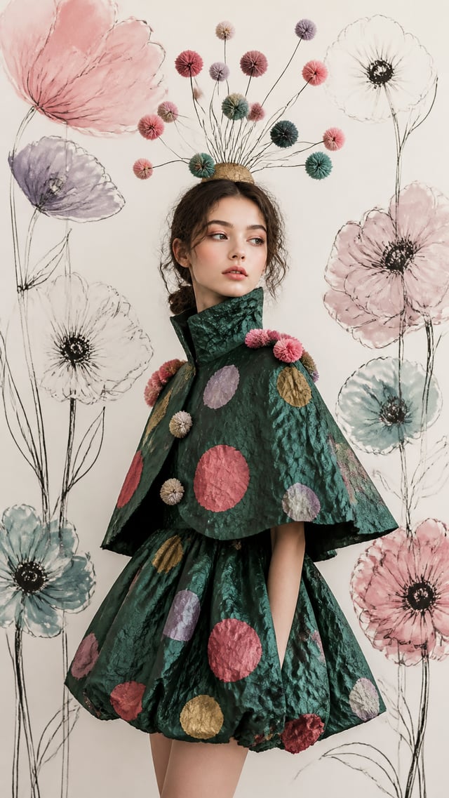 High-fashion editorial photograph of a young woman with porcelain skin, high cheekbones, soft almond