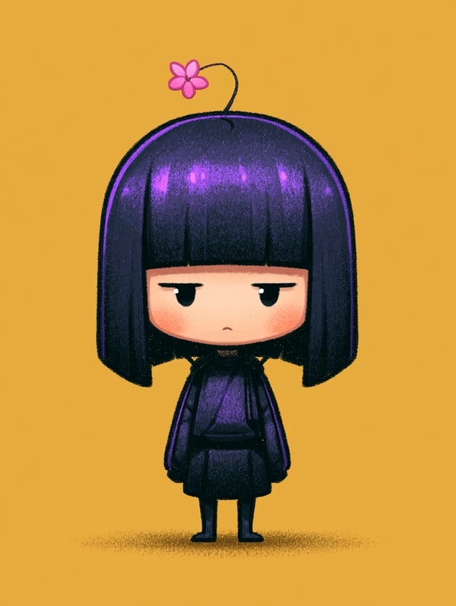 A stylized chibi character floats front-facing against a solid golden-yellow background, its oversiz