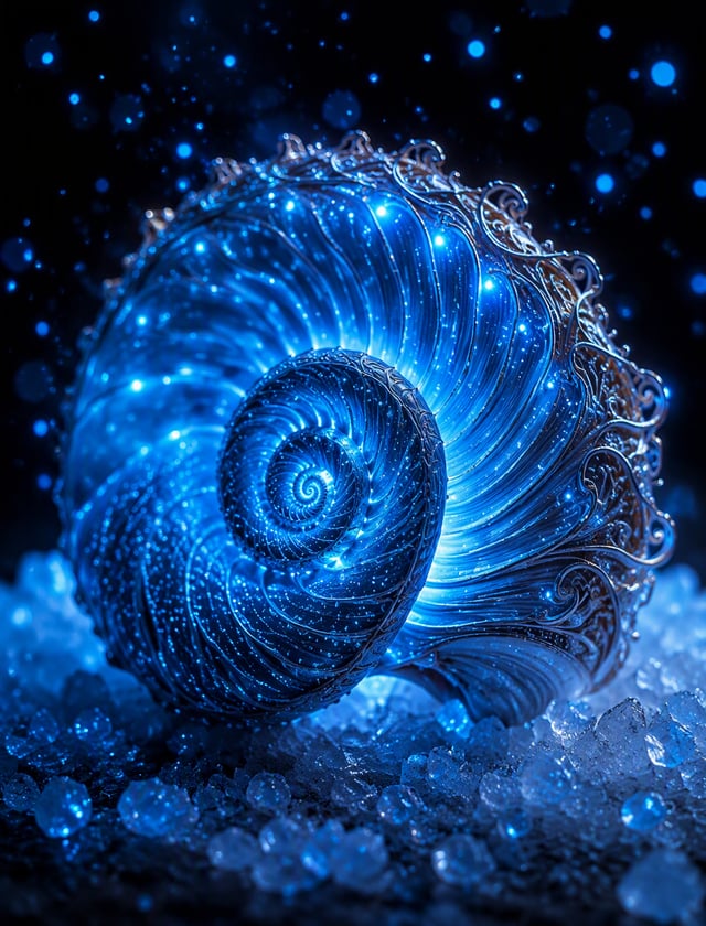 A mesmerizing and surreal image of a bioluminescent seashell resting on a bed of shimmering crystals