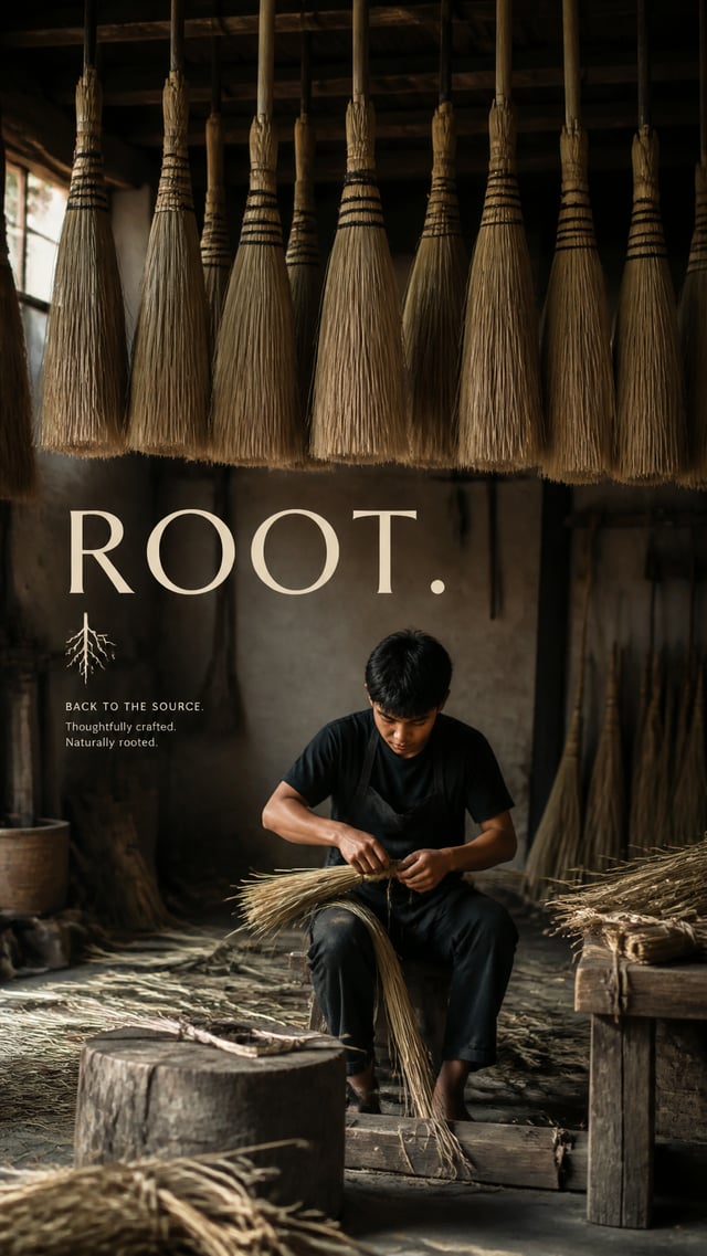 Premium editorial campaign.Main Subject: Young broom maker inside a traditional workshop.Creative Di