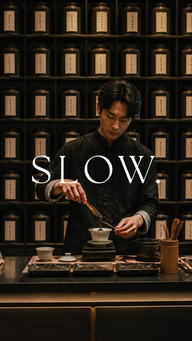 Premium editorial campaign.Main Subject: Young man inside a premium tea house.Creative Direction: Wa