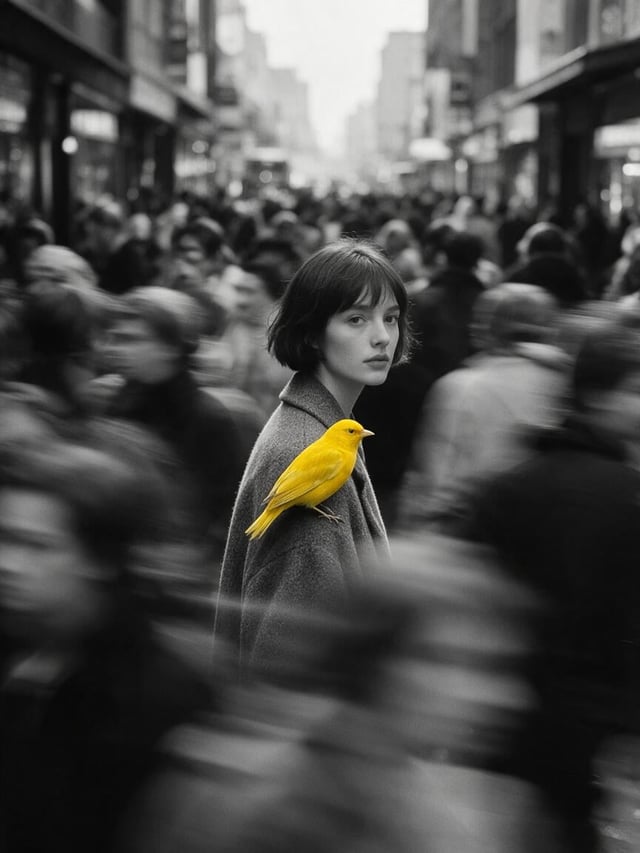 A young woman with a short dark bob stands nearly motionless in the center of a rushing city crowd, 
