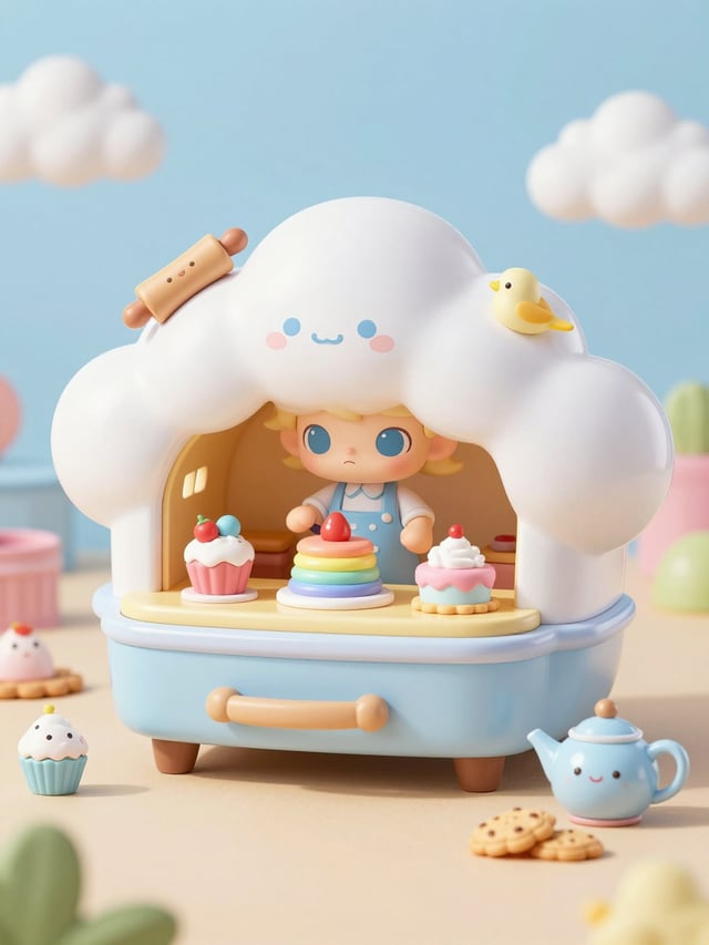 Cloud Baker A cute baker child with fluffy cloud hair baking tiny rainbow cakes inside cloud-shaped 