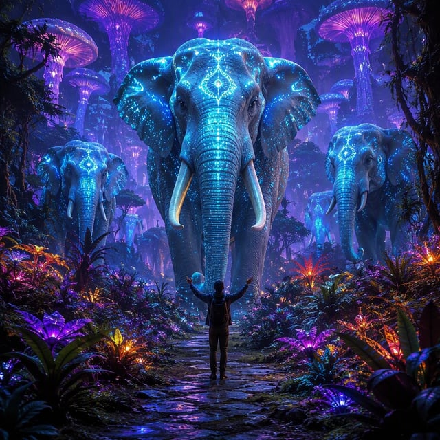Photo. A person stands on a path near the camera (in the middle of the image), greeting a group of m