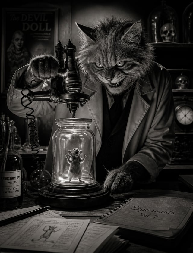 A captivating dark fantasy scene set in a 20th century Gothic laboratory. The evil cat scientist, wi