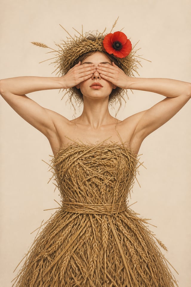 Clean editorial illustration style. A young European woman stands against a soft solid beige backgro
