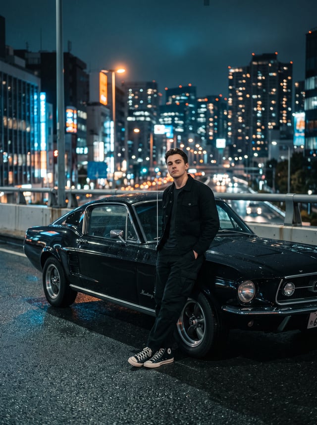 A Cinematic Night Photo On A Dimly Lit Urban Overpass With A View Of The City Skyline. In The Foregr