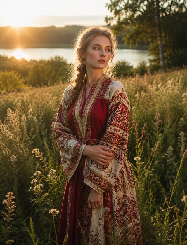 A captivating photograph of a woman adorned in a stunning dress featuring intricate Slavic motifs, s