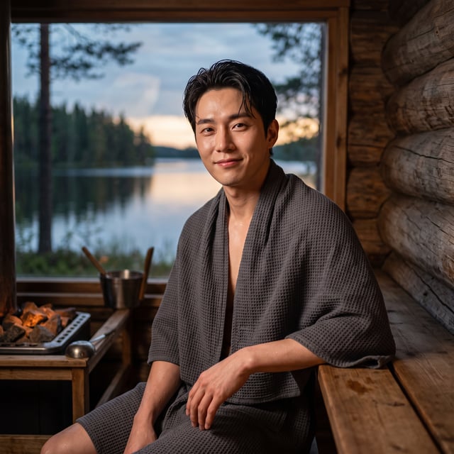 Ultra realistic portrait of a clean-shaven Korean pop idol, in a serene Finnish lakeside sauna at tw