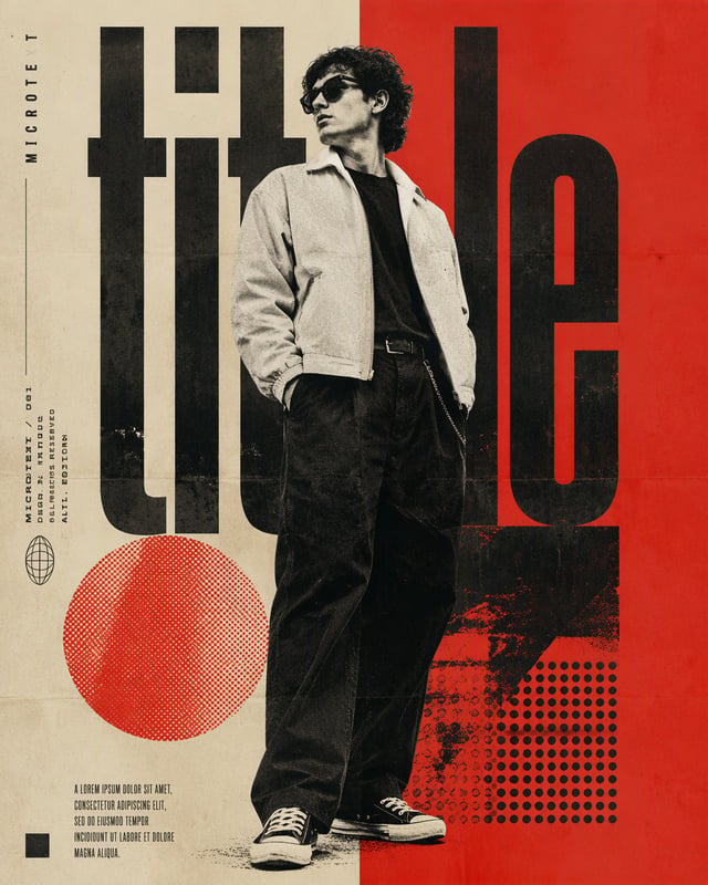 Vertical editorial collage poster featuring [CHARACTER] in [CLOTHING], full-body cutout positioned a