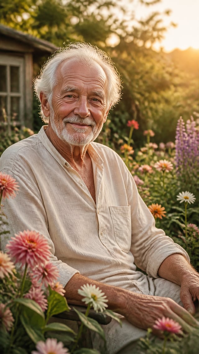 A gentle-faced elderly man with white hair and laugh lines, wearing a warm cream-colored linen shirt