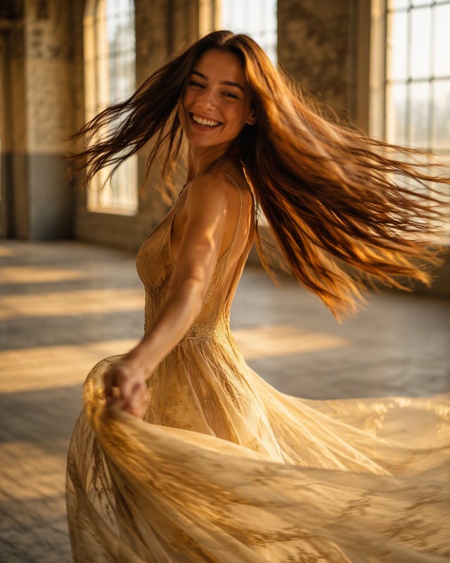 A hyper-realistic cinematic portrait of a young woman caught mid-twirl in an empty sunlit loft space