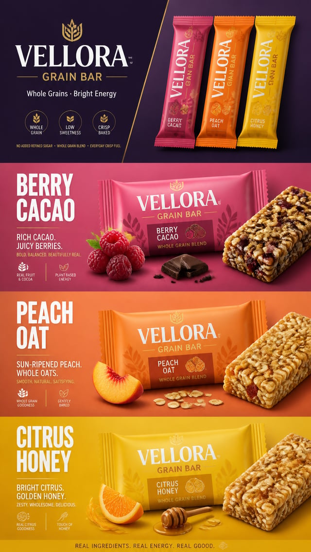 Create an ultra-premium vertical flavor campaign poster for a fictional grain bar brand called “VELL