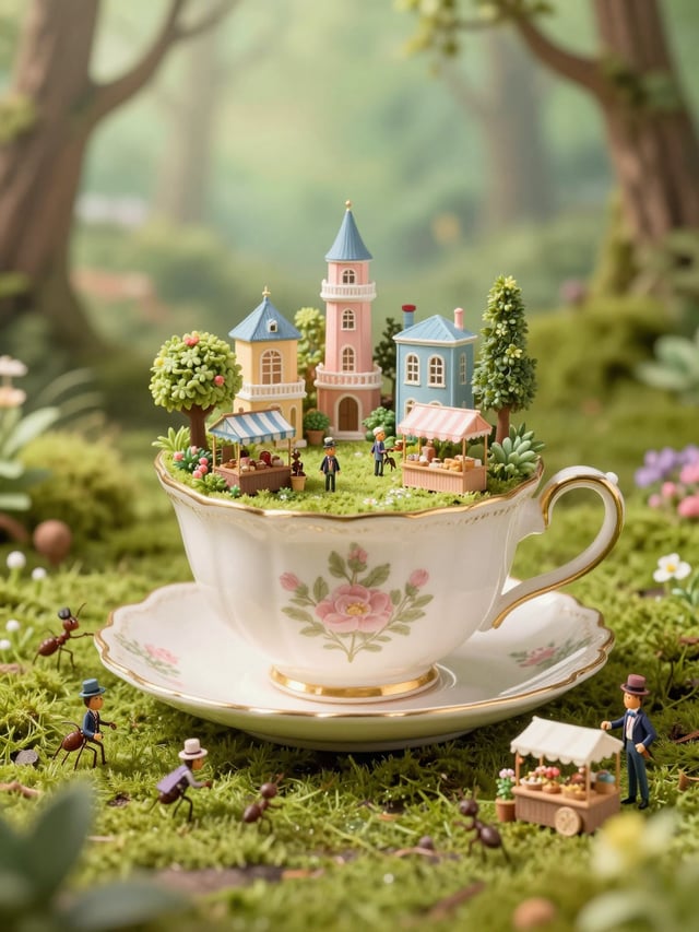 A miniature city inside a giant, antique teacup, delicately balanced on a mossy forest floor, with t