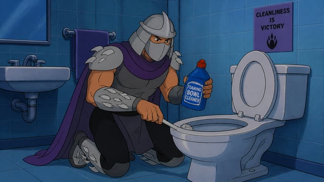 The Shredder, clad in his signature spiked metallic armor and purple cape, kneels on a tiled bathroo