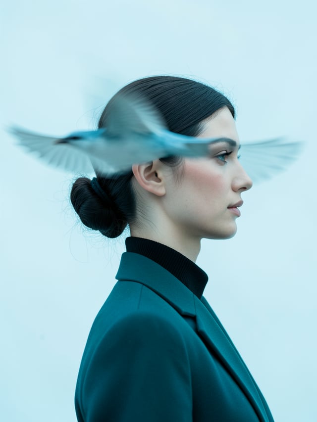 A young woman stands in strict right-facing profile, her dark hair pulled into a low bun and her exp