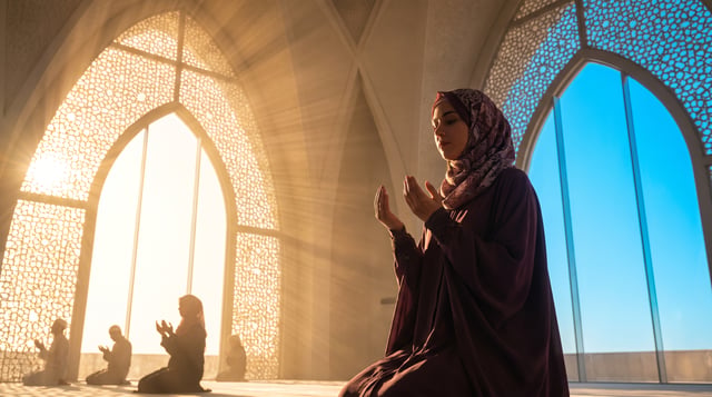 A transcendent, ultra-realistic 16:9 finale: A woman in a beautiful, flowing hijab and abaya standin