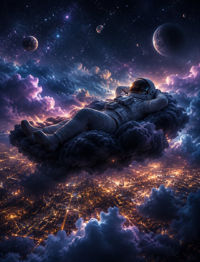 A dream-like 8K image of an astronaut floating peacefully on a dark fluffy cloud lying down. The ast