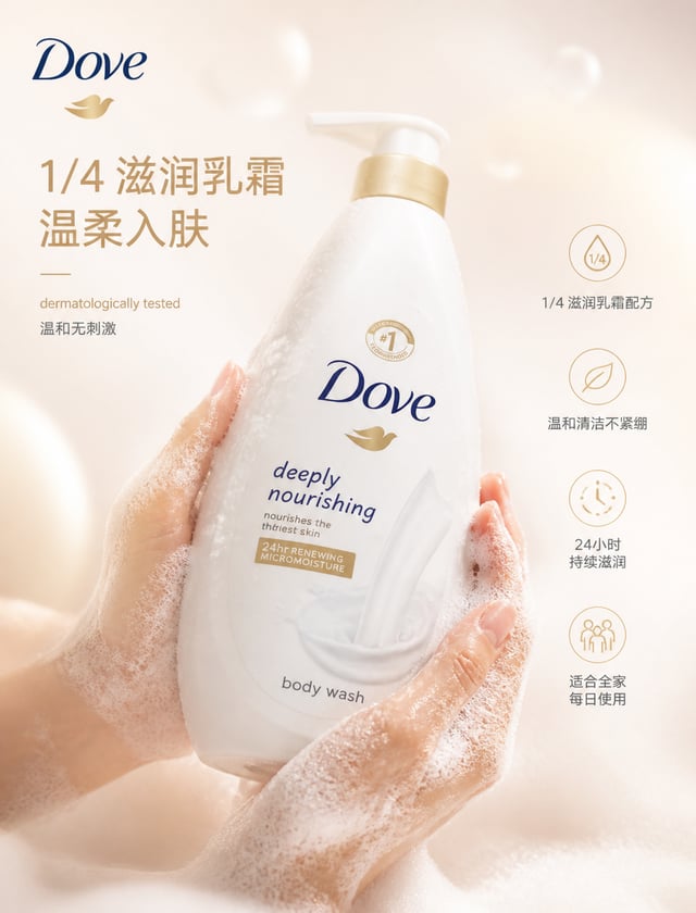 多芬「温柔，是肌肤的母语」【格式】高端快消品社交媒体广告，4:5 竖版，Instagram 主视觉，商业产品广告，4A 级美术指导，Behance 首页品质，8K UHD，超写实，摄影 × 平面设计融